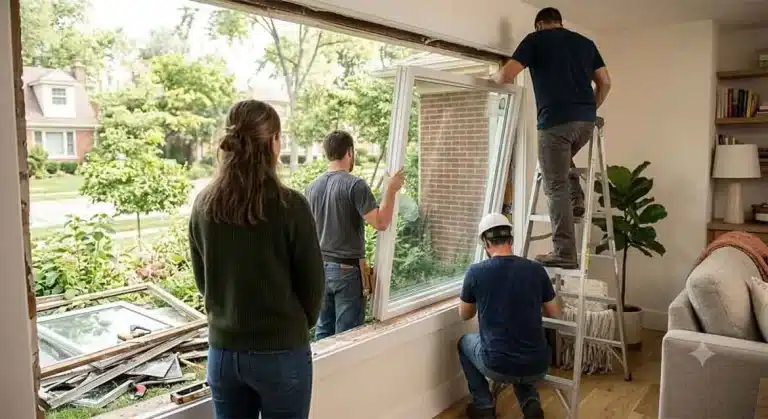 Professional contractors installing an energy-efficient replacement window in a home while the homeowner observes.