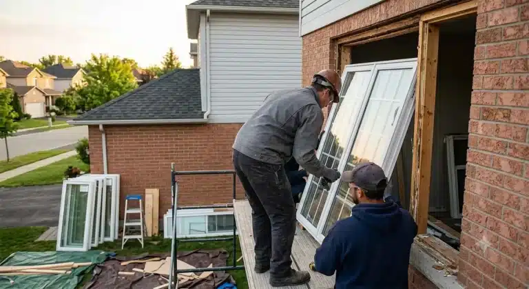 Professional contractors replacing a damaged residential window to prevent further window damage and improve energy efficiency.