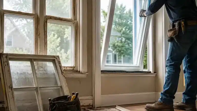 Old damaged window being replaced with a new window by a professional installer.