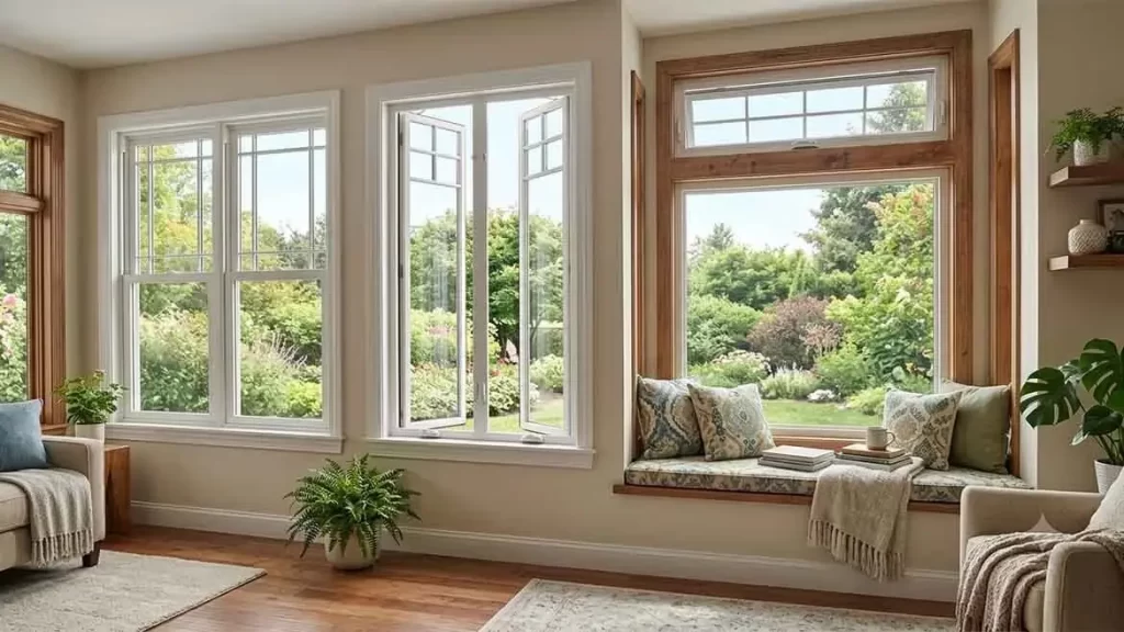 Different window styles installed throughout a bright residential living room, including double-hung, casement, and picture windows.