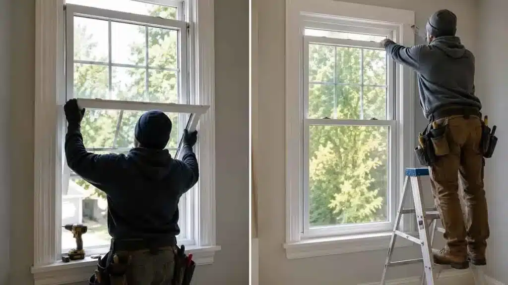Contractors installing and adjusting residential windows, illustrating the differences between single-hung and double-hung windows.