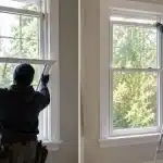 Contractors installing and adjusting residential windows, illustrating the differences between single-hung and double-hung windows.